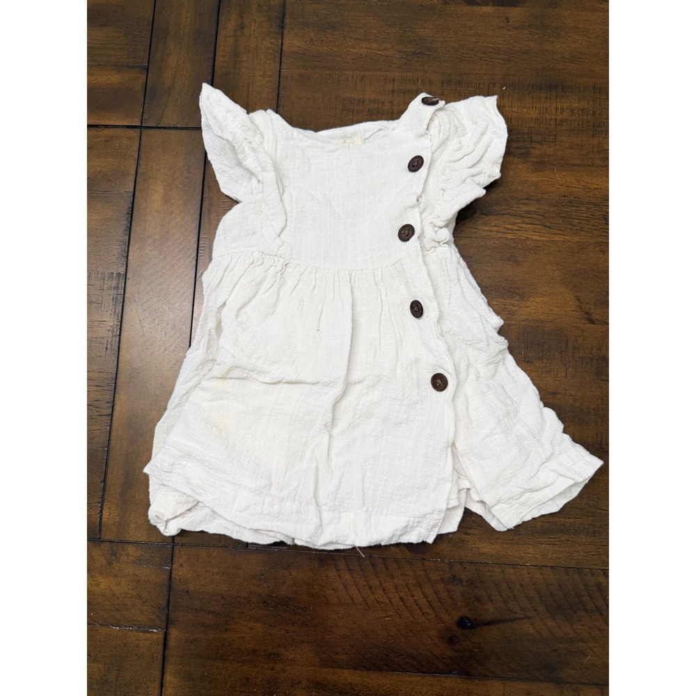 Vignette Baby Girl White Cotton Gauze Flutter Sleeve Side Button Dress 18-24M